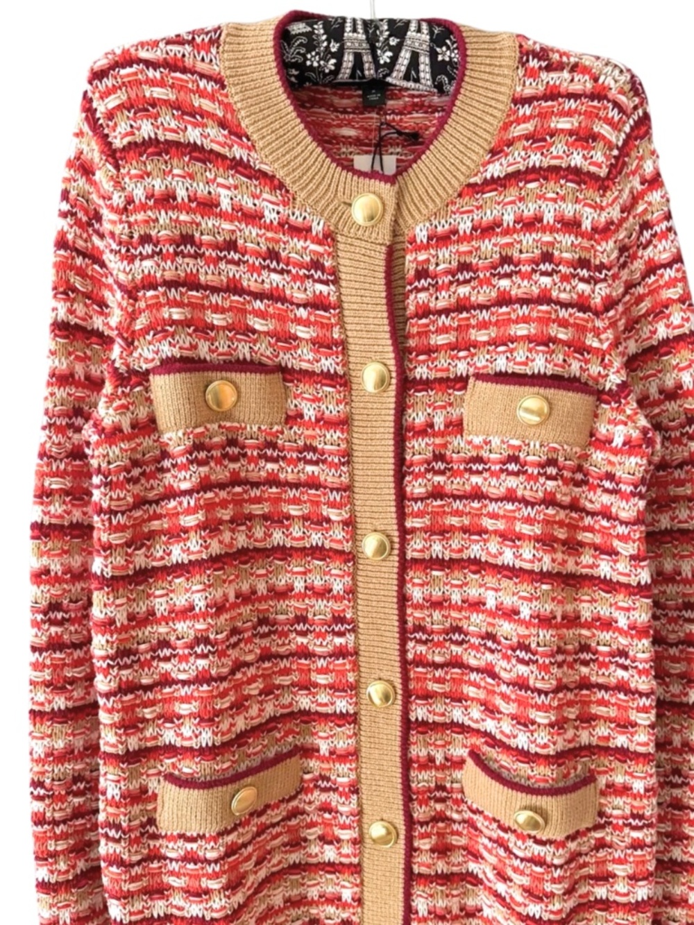 ANN TAYLOR Tweed Stitch Cardigan Sweater - Tan & Red